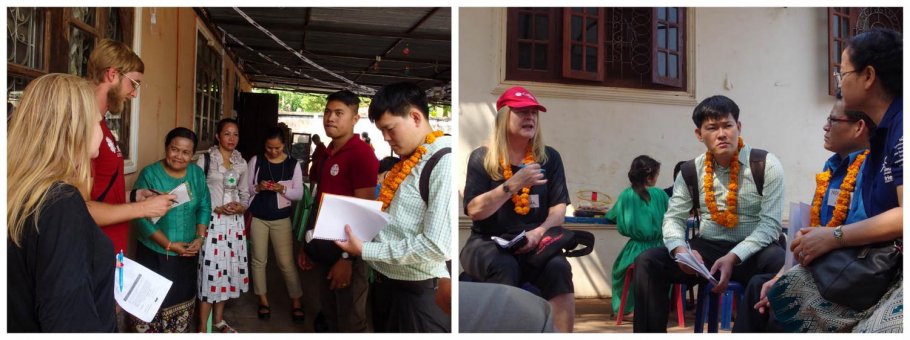 (Kiri) Peserta lokalatih berdiskusi tentang kegiatan KPA dengan Pimpinan LDPA di Laos. (Kanan) para peserta berdiskusi dengan Pimpinan Pusat Pelayanan Anak 'Peuen Mit'. (Foto: Y. Baskoro)
